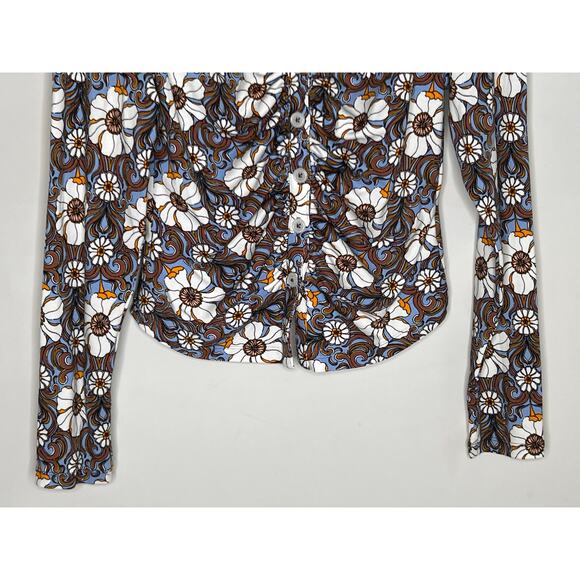 Maeve by Anthropologie Floral Ruched Button-Up Shirt Blue/Brown/White Women's M - Picture 5 of 11